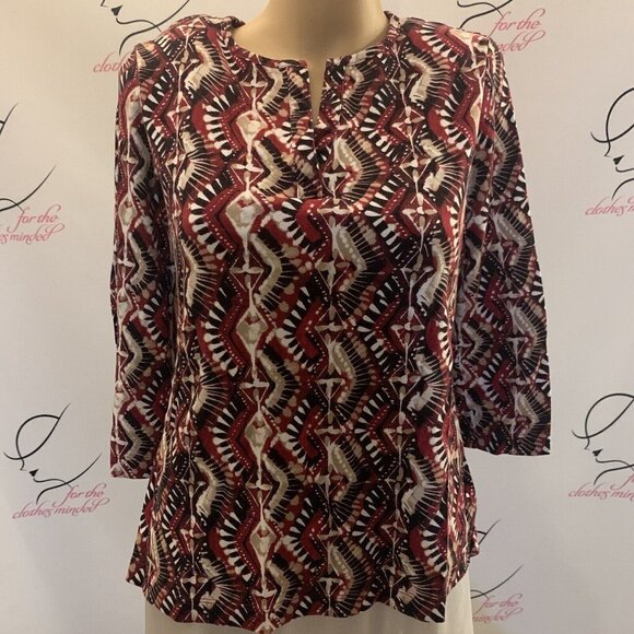 Kim Rogers. Size M. Cotton V-neck Stretch Pullover. Aztec Pattern. B36. - Picture 1 of 5